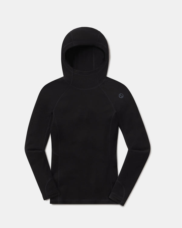Front view of women’s thermal hoodie showcasing fitted long sleeves, integrated hood, thumbhole cuffs on white background