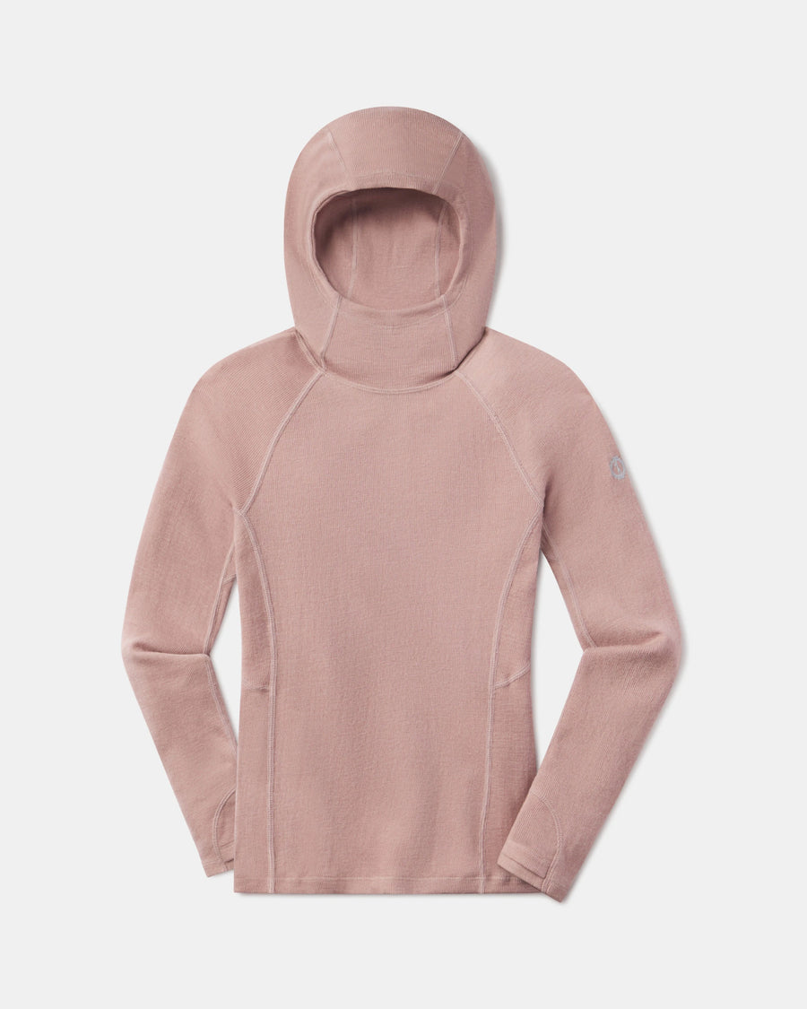Flat front view of Women’s Thermal Hoodie in magnolia showing fitted hood, raglan sleeves, and side seam pockets
