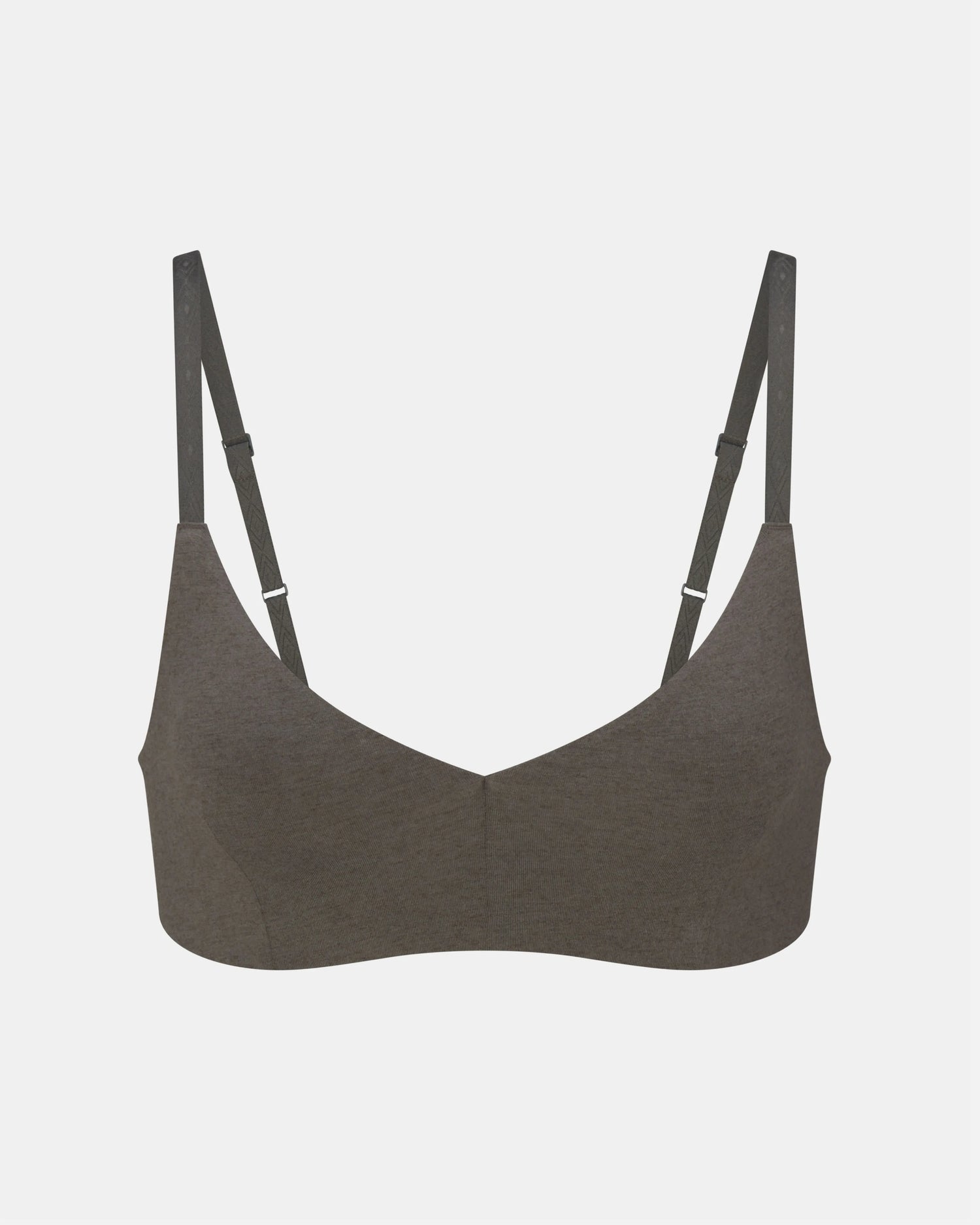 Front of Women’s Triangle Bralette with wireless, padless deep-V cups and embossed Inca straps on gray background