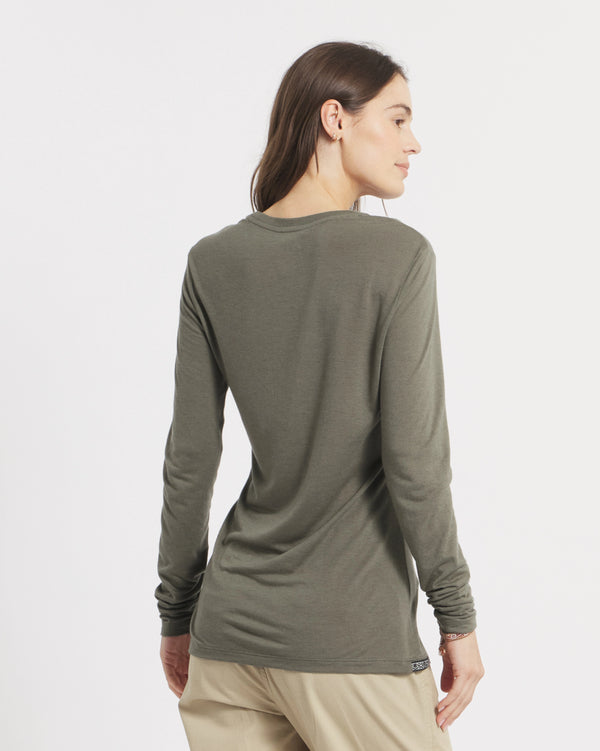 Rear view of Women’s Aire Long Sleeve shirt in eucalyptus showing slim fit long sleeves and drape on plain background