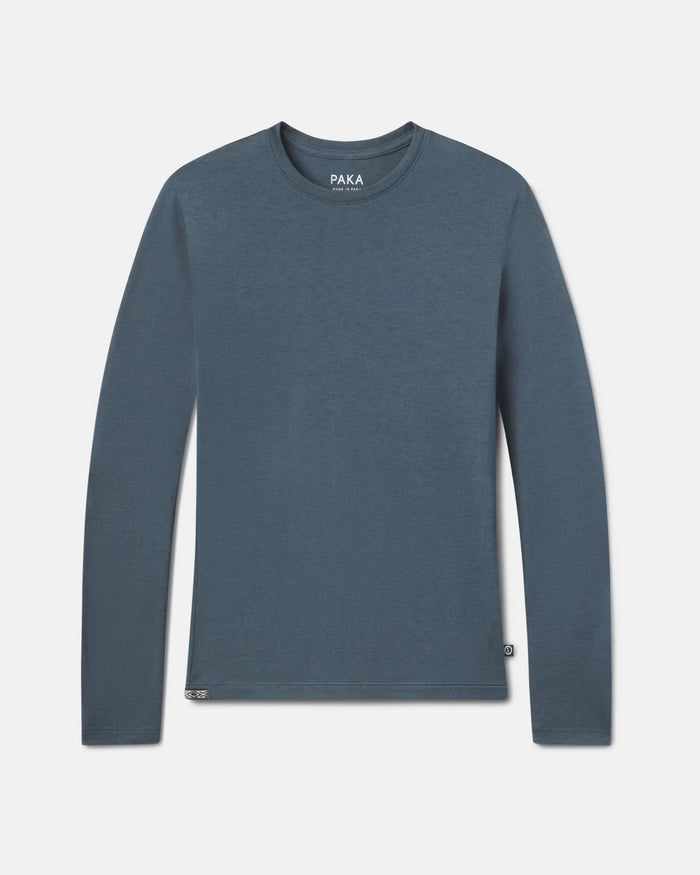 Front flat lay of Women’s Aire Long Sleeve shirt showcasing crew neck and long sleeves in navy heather on light gray background