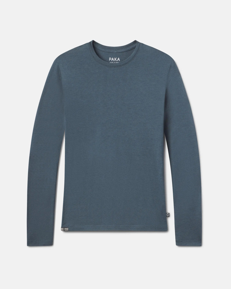 Front flat lay of Women’s Aire Long Sleeve shirt showcasing crew neck and long sleeves in navy heather on light gray background