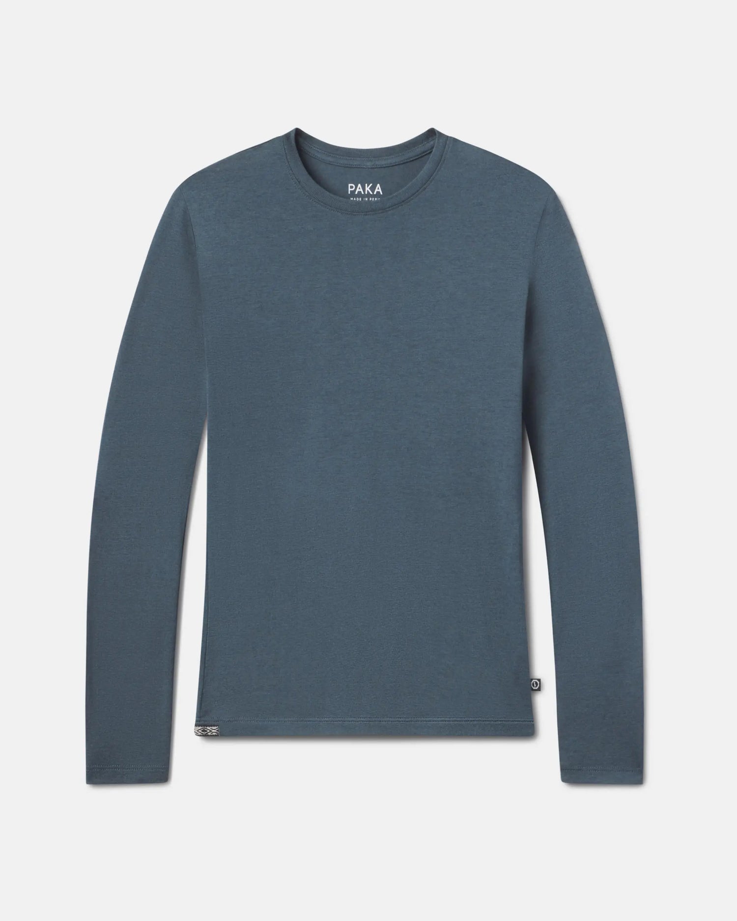 Front flat lay of Women’s Aire Long Sleeve shirt showcasing crew neck and long sleeves in navy heather on light gray background