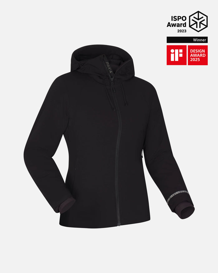 Three-quarter front of Women’s Apu Parka in black with hood, zipper, wrist gaiter and reflective cuff on gray background