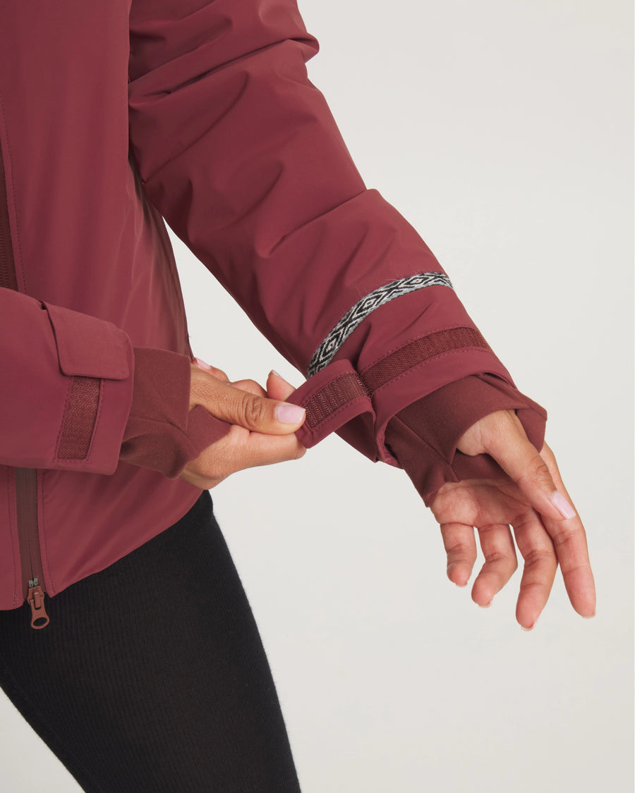 Close-Up of Thumbholes and Adjustable Wrist Straps on Women's Apu Parka in Burgundy – PAKA Apparel