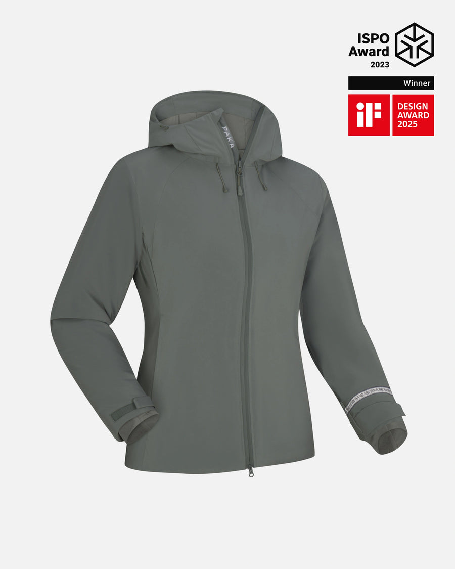 Front view of Women’s Apu Parka in eucalyptus with helmet compatible hood, full zipper, adjustable cuffs and reflective sleeve trim