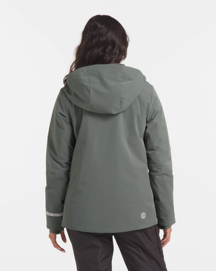 Back view of Women’s Apu Parka in eucalyptus showing hood, reflective cuff trim, and logo on white background
