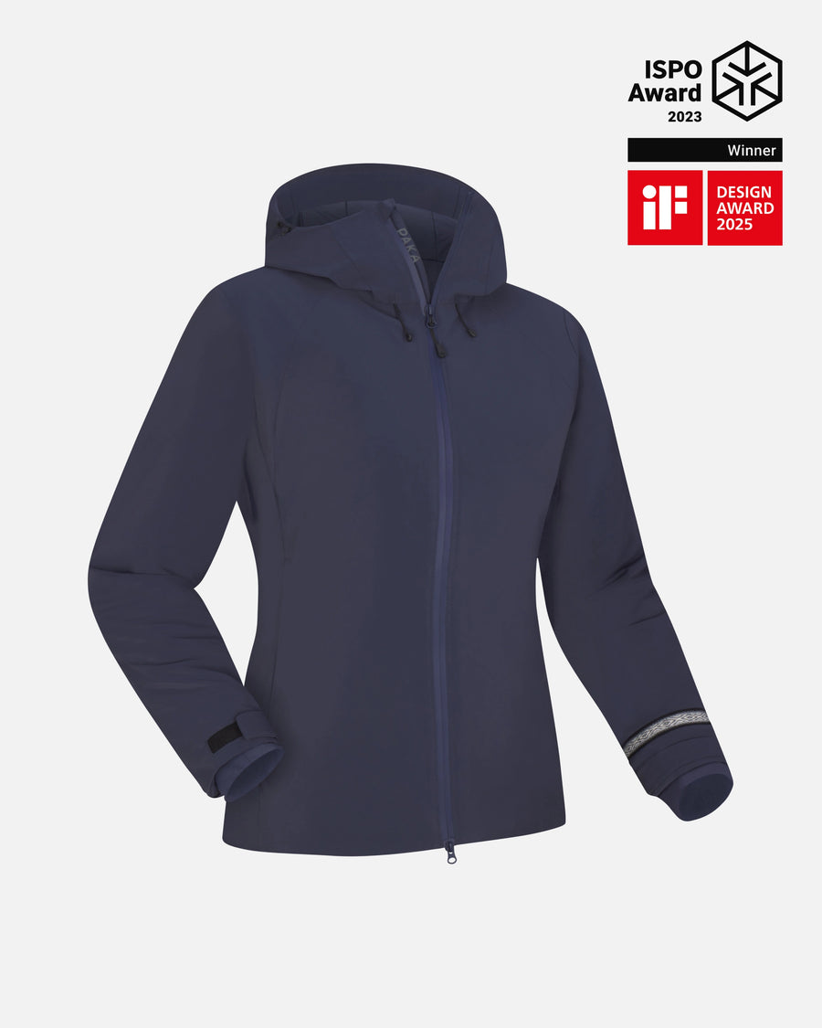 Front view of Women’s Apu Parka, navy hooded waterproof jacket with zip and reflective sleeve band, ISPO and iF award badges