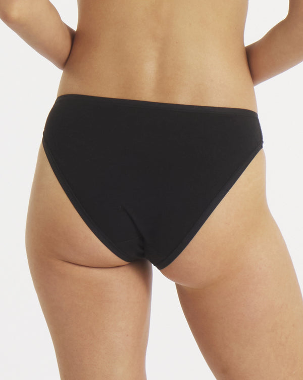 Back view of Women’s Essential Bikini Brief in black showing moderate coverage and elastic-trim leg openings on white background