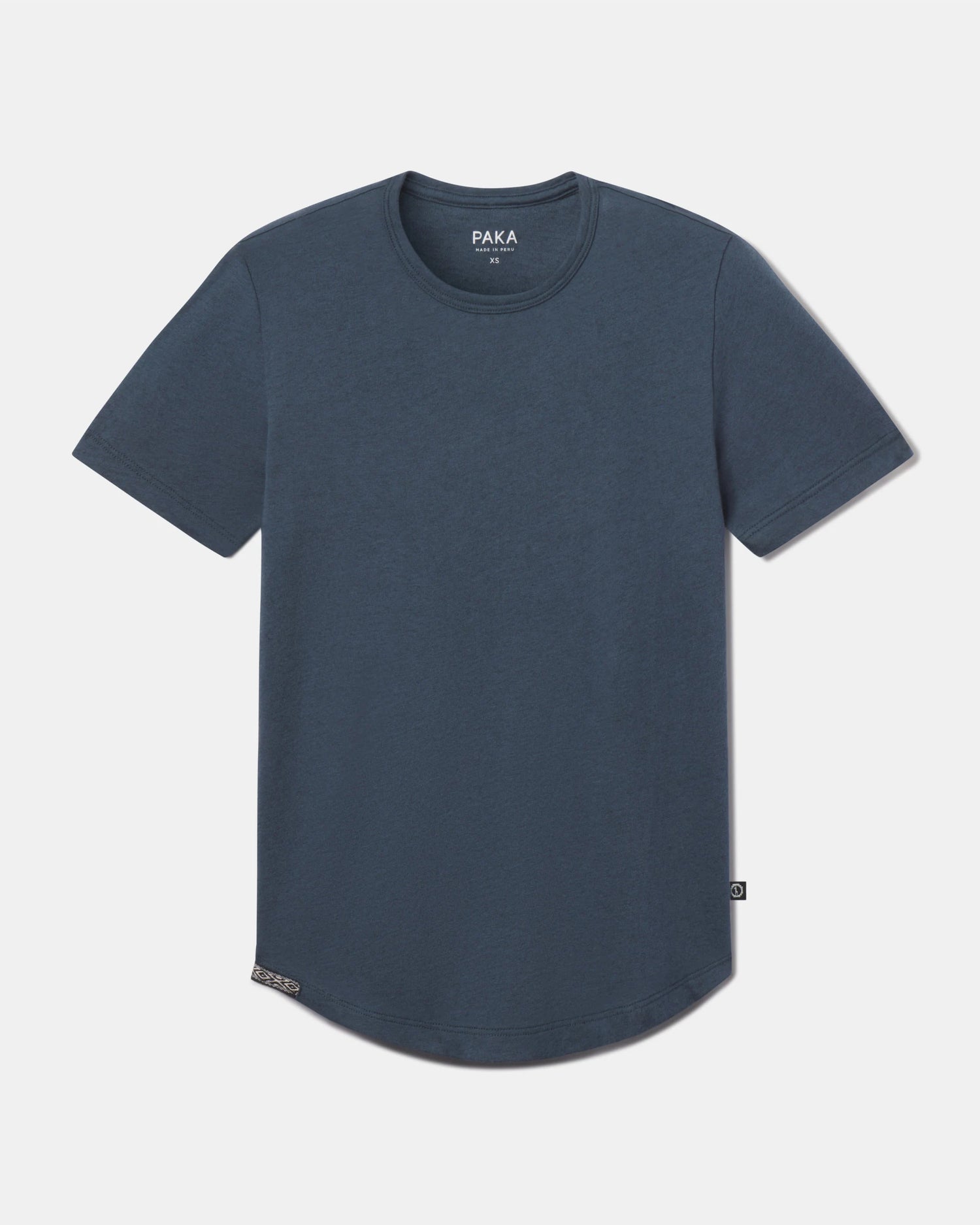 Front flat-lay of Women’s Essential Tee, navy, showing crewneck, short sleeves, ribbed neckline and curved hem on light gray background