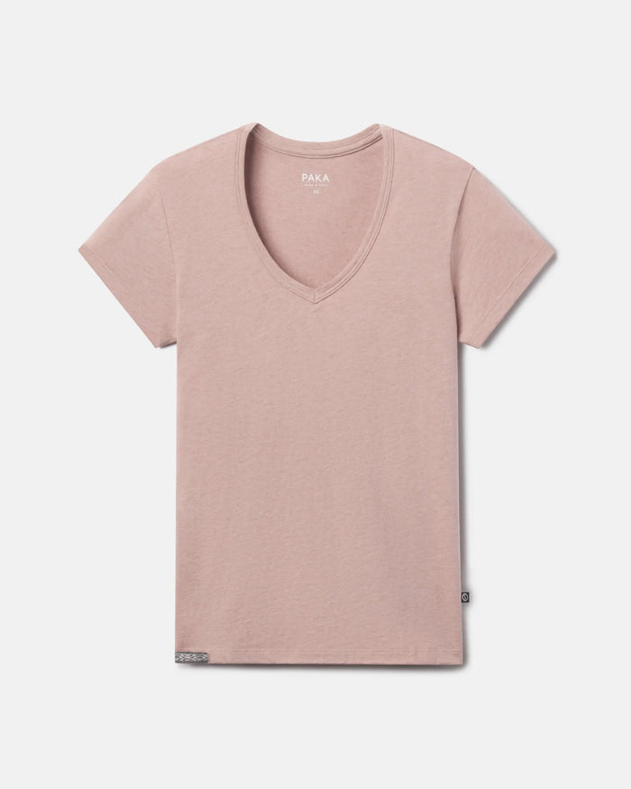 PAKA Women's Essential V-neck t-shirt in Magnolia made of organic pima cotton and royal alpaca fiber.