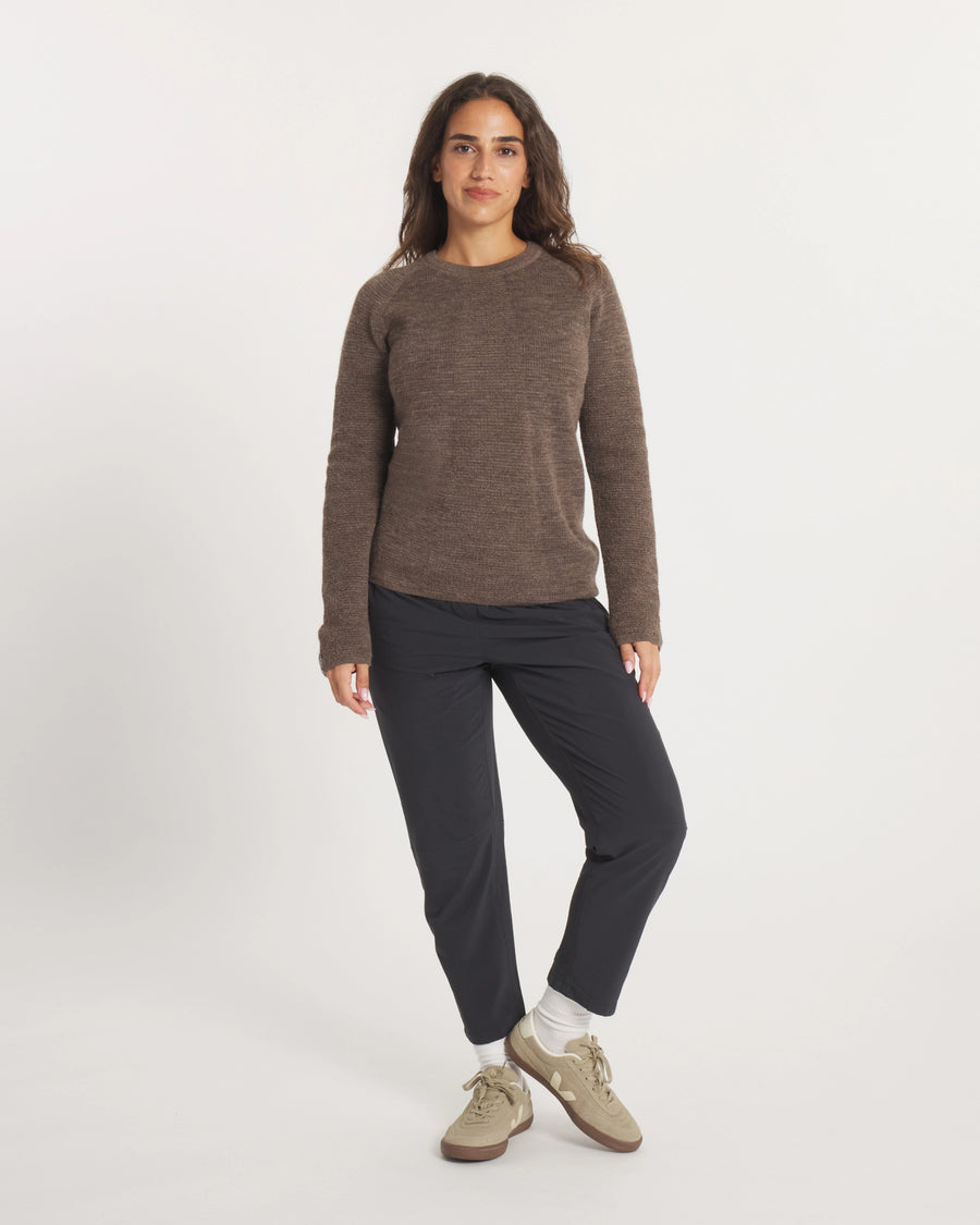 Full-Height Shot of Model Wearing Women's Mountain Crew Alpaca Wool Blend Sweater in Wood / Brown – PAKA Apparel
