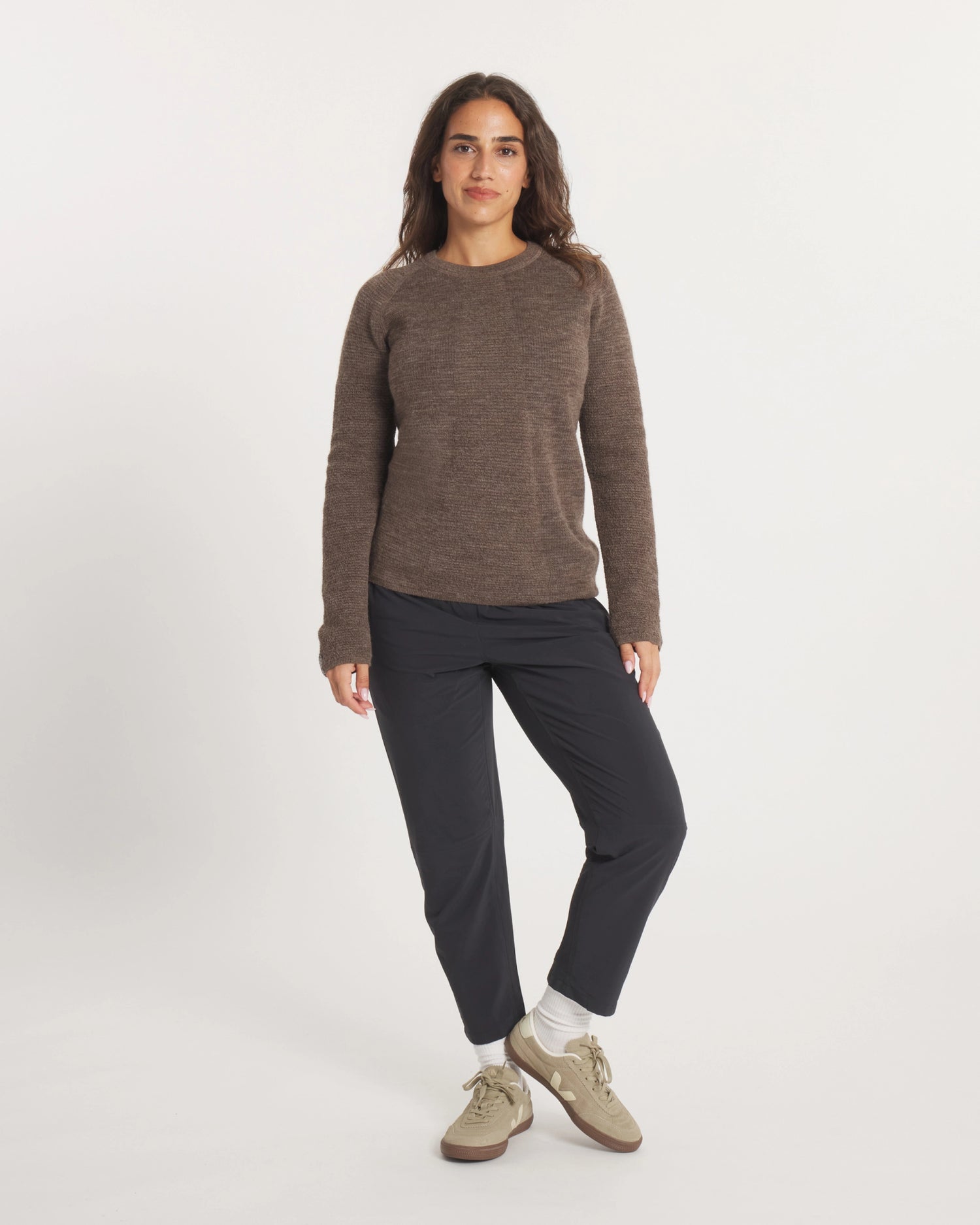 Full-Height Shot of Model Wearing Women's Mountain Crew Alpaca Wool Blend Sweater in Wood / Brown – PAKA Apparel