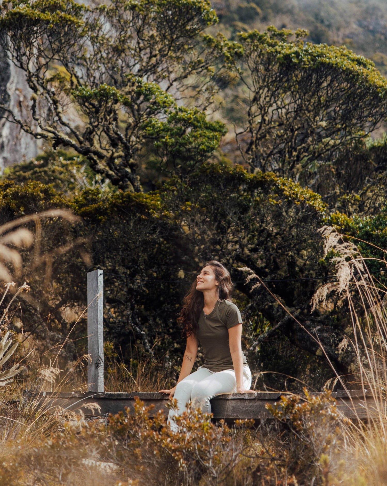 Woman Named Sofia Sitting on Dock by Tree in Andean Moss / Dark Green Alpaca T-Shirt – PAKA Apparel