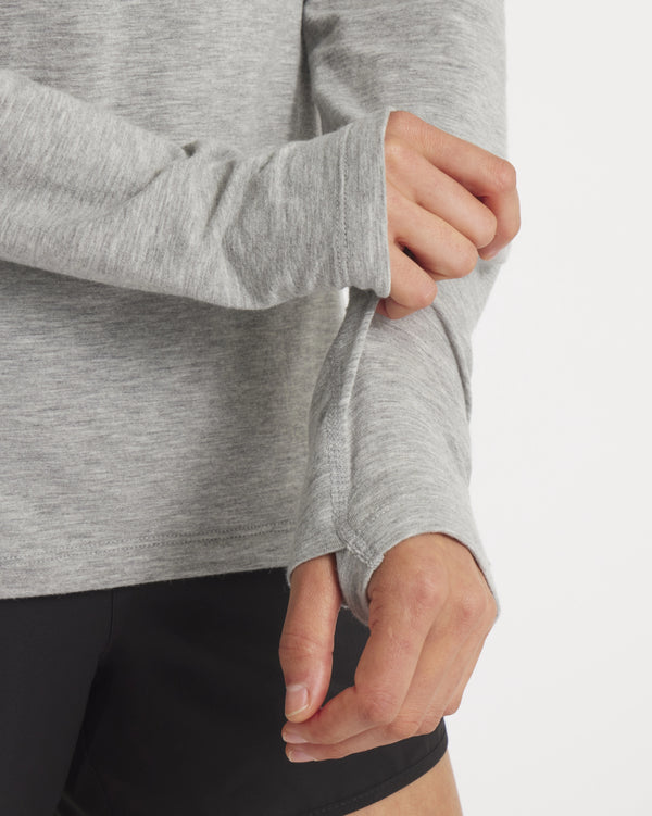 Hands Through Thumbholes on Sol Heather Grey Women's Lightweight Sun Hoodie – PAKA Apparel