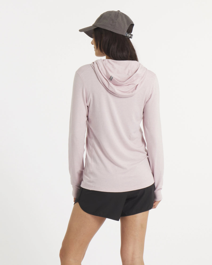 Back of Model in Sol Women's Sun Hoodie for Outdoors in Lilac / Light Pink – PAKA Apparel
