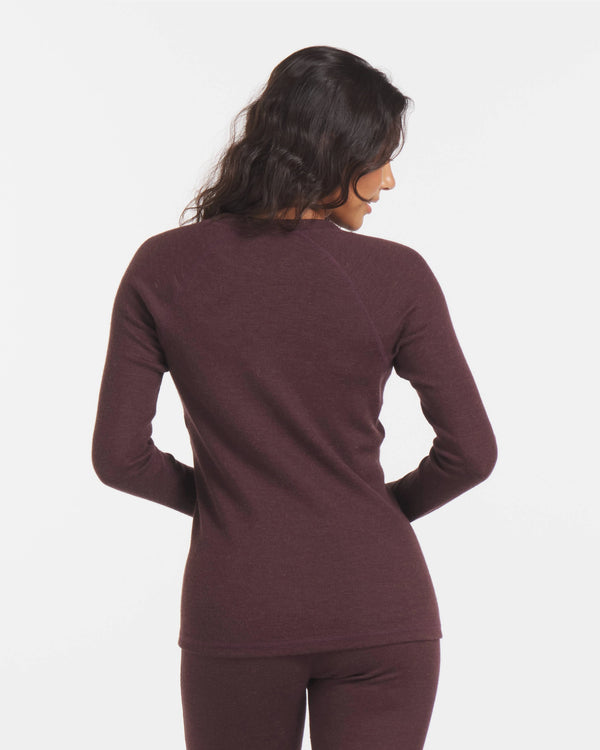 Back of Woman in Uva / Dark Purple Moisture-Wicking Alpaca Wool Thermal Baselayer Top – PAKA Apparel
