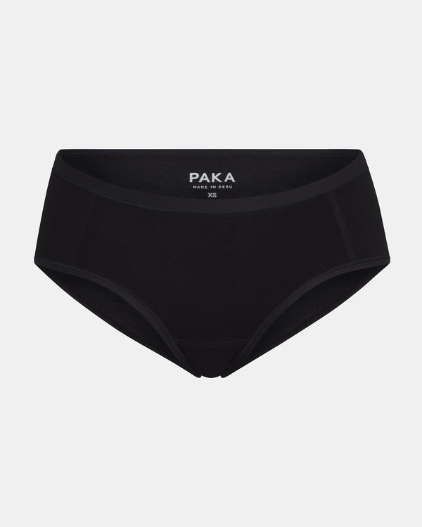 Front view of Women’s Essential Boy Short in black showing coverage and elastic waistband with visible PAKA logo