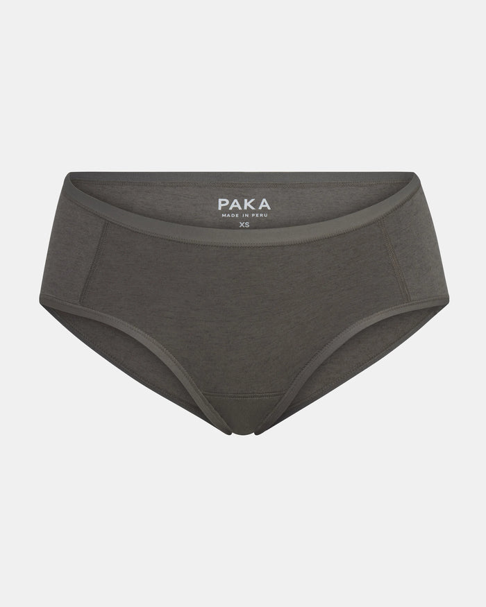 Front view of Women’s Essential Boy Short in forage — mid-rise, full-coverage cut in organic cotton and alpaca fabric on pale gray background