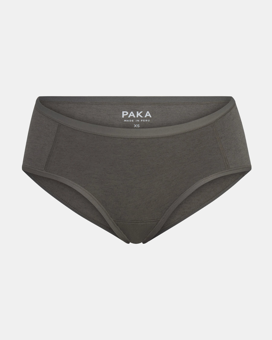 Front view of Women’s Essential Boy Short in forage — mid-rise, full-coverage cut in organic cotton and alpaca fabric on pale gray background