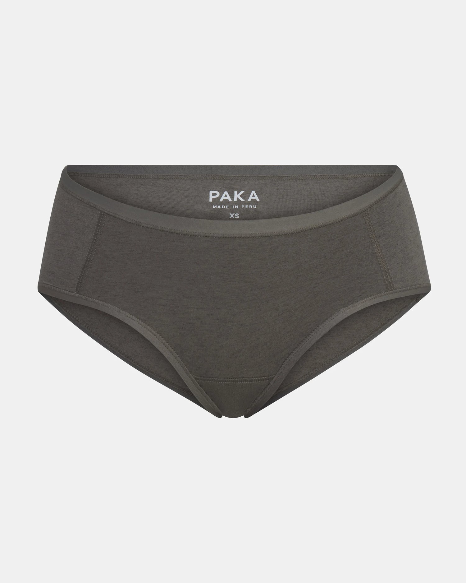 Front view of Women’s Essential Boy Short in forage — mid-rise, full-coverage cut in organic cotton and alpaca fabric on pale gray background
