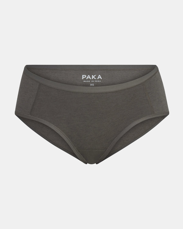 Front view of Women’s Essential Boy Short in forage — mid-rise, full-coverage cut in organic cotton and alpaca fabric on pale gray background