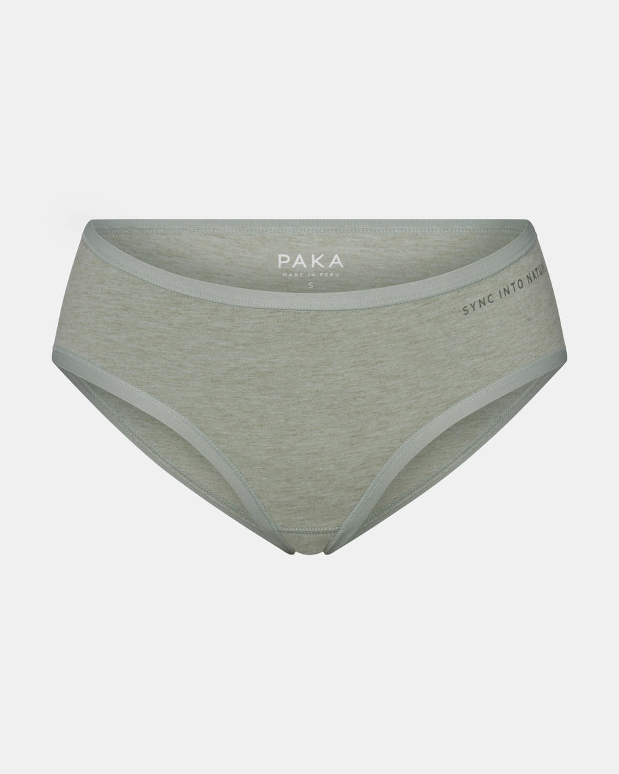 Front view of Women’s Essential Mid-Rise Brief in lichen showcasing mid-rise fit and heathered soft fabric on a light gray background