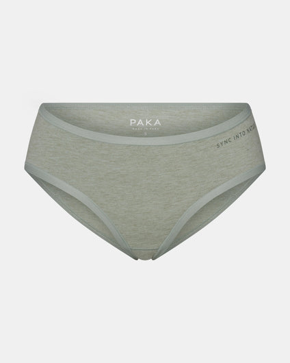 Front view of Women’s Essential Mid-Rise Brief in lichen showcasing mid-rise fit and heathered soft fabric on a light gray background