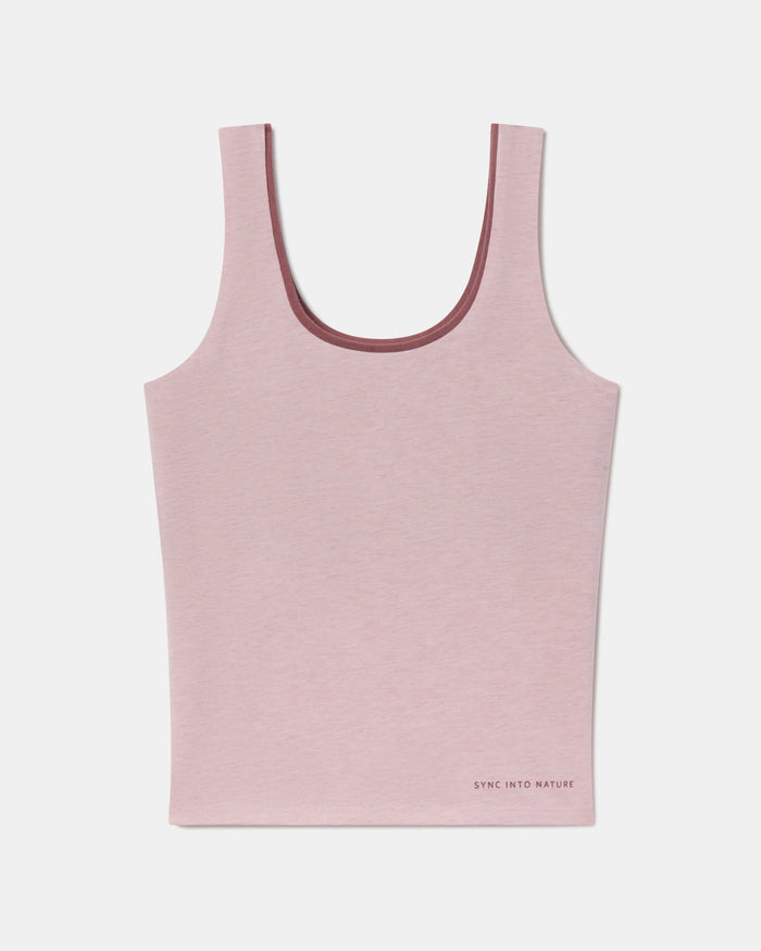 Flat-lay front view of Women’s Essential Tank showcasing built-in shelf bra and scoop neckline on white background