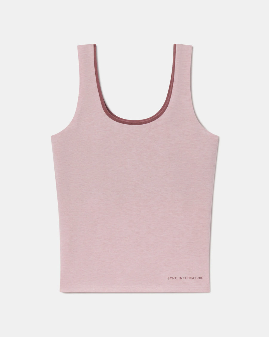 Flat-lay front view of Women’s Essential Tank showcasing built-in shelf bra and scoop neckline on white background