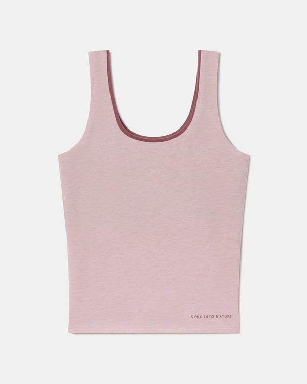 Flat-lay front view of Women’s Essential Tank showcasing built-in shelf bra and scoop neckline on white background