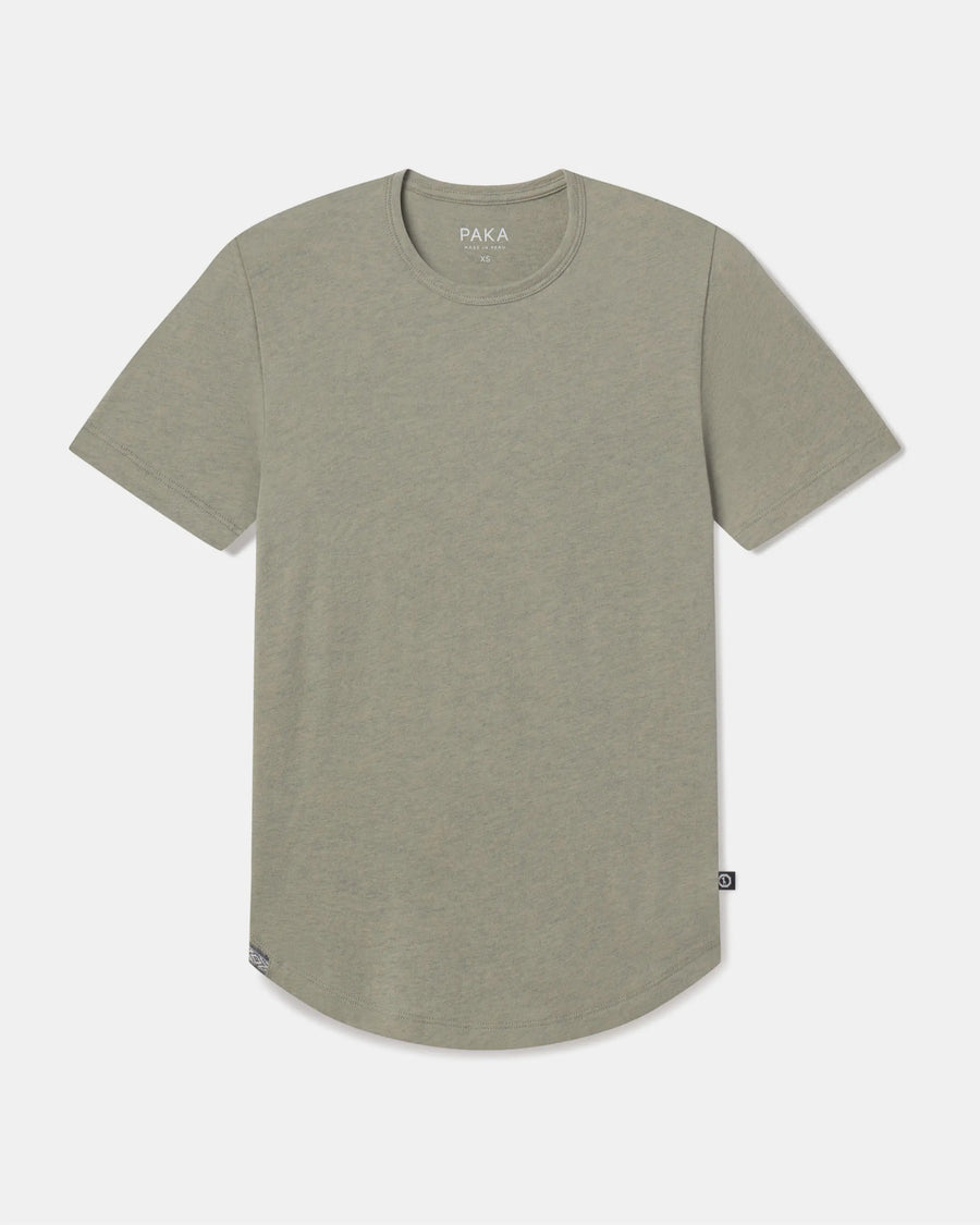Front flat lay of Women’s Essential Tee in Willow showcasing crewneck, short sleeves, ribbed neckline, and curved hem on light gray background