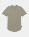 Front flat lay of Women’s Essential Tee in Willow showcasing crewneck, short sleeves, ribbed neckline, and curved hem on light gray background