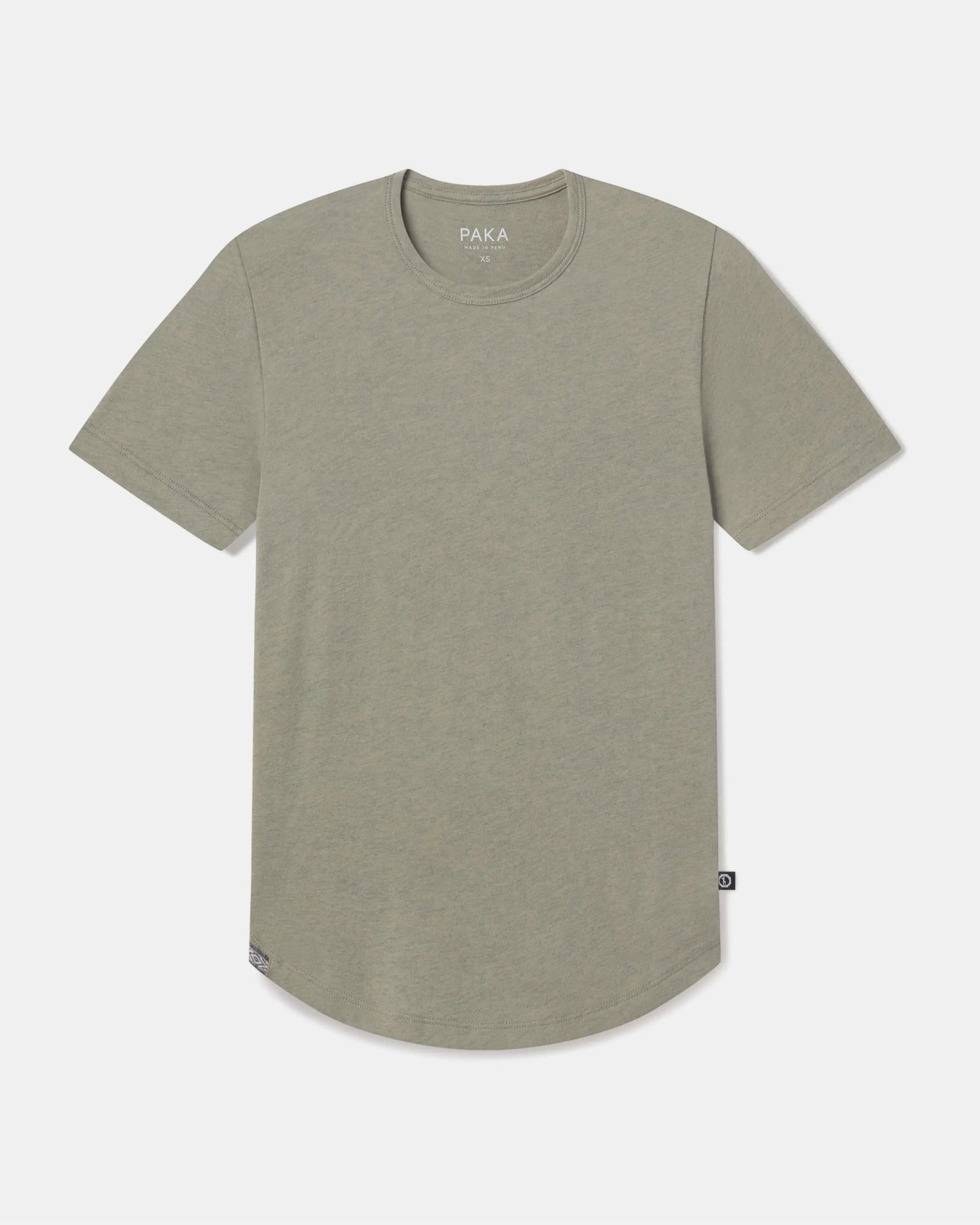 Front flat lay of Women’s Essential Tee in Willow showcasing crewneck, short sleeves, ribbed neckline, and curved hem on light gray background