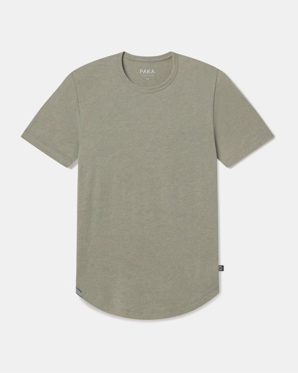 Front flat lay of Women’s Essential Tee in Willow showcasing crewneck, short sleeves, ribbed neckline, and curved hem on light gray background