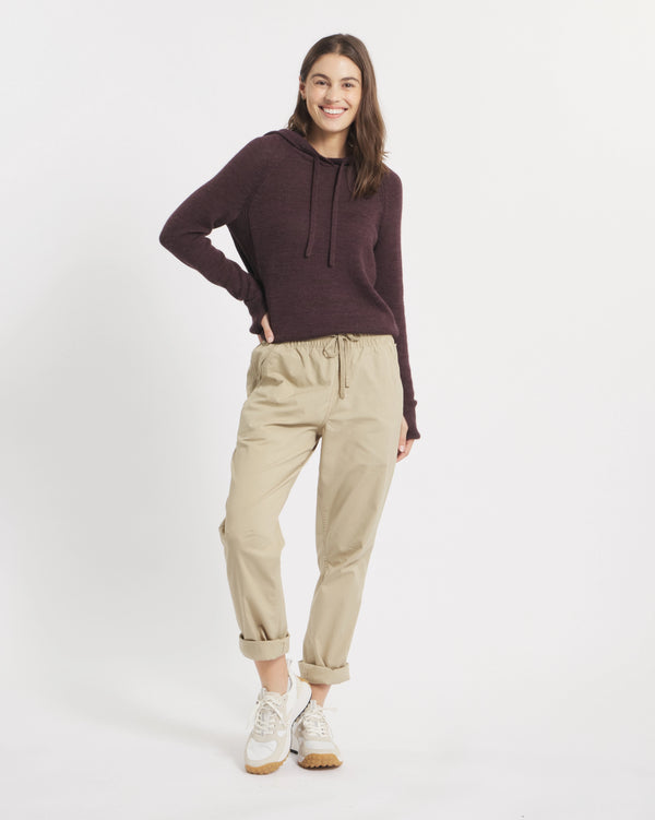 Full Height Shot of Model in Lightweight Alpaca Women's Hoodie in Fig / Burgundy – PAKA Apparel