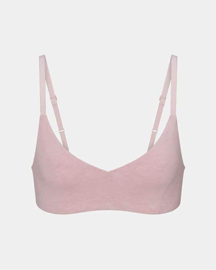 Front view of Women’s Essential Triangle Bralette in lilac showing organic cotton fabric, seamless triangle cups, and adjustable straps on light gray background