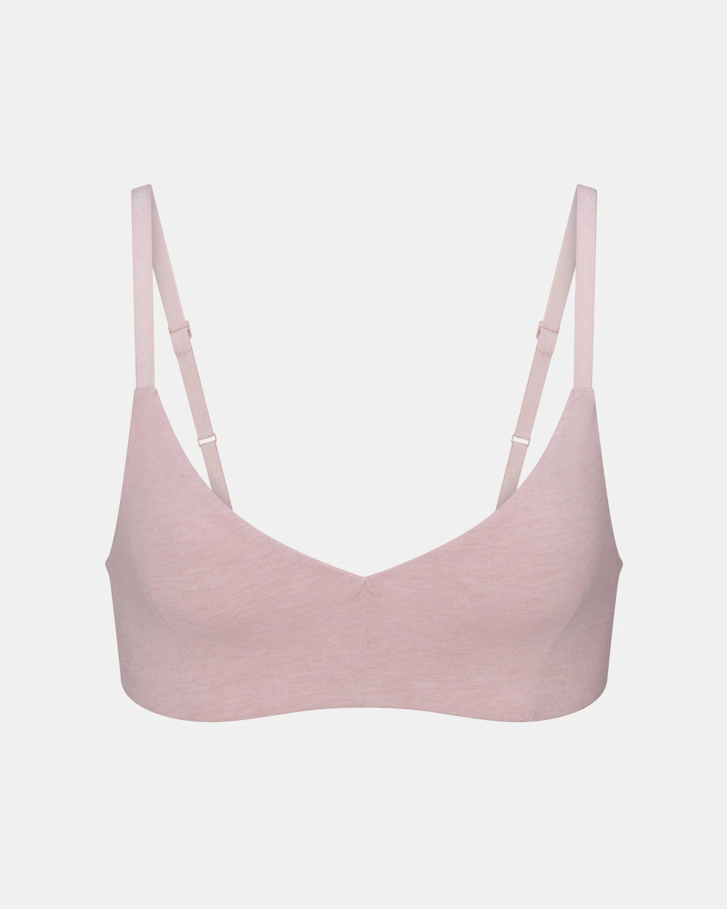 Front view of Women’s Essential Triangle Bralette in lilac showing organic cotton fabric, seamless triangle cups, and adjustable straps on light gray background