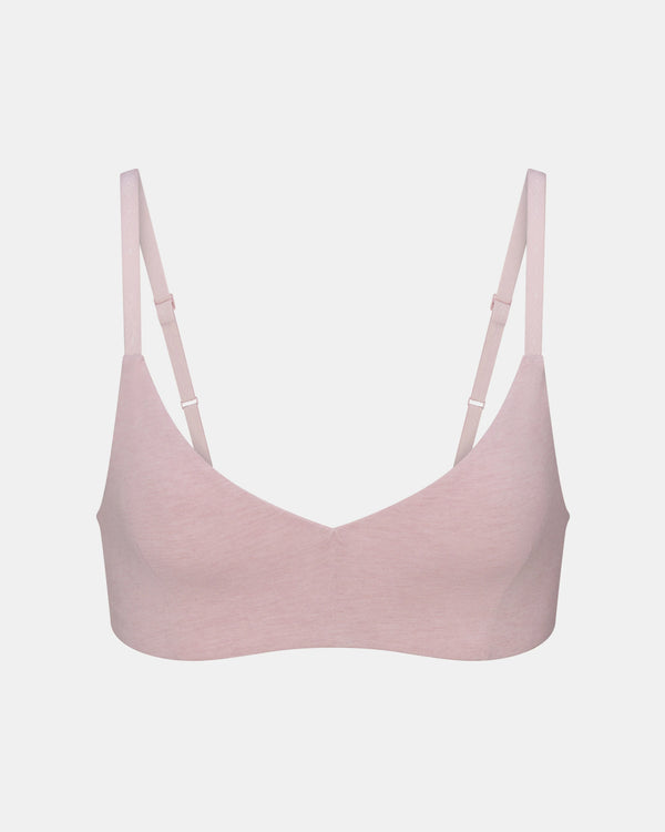 Front view of Women’s Essential Triangle Bralette in lilac showing organic cotton fabric, seamless triangle cups, and adjustable straps on light gray background