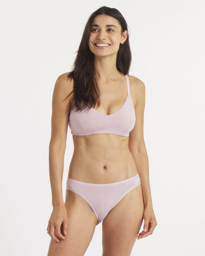 Front view of Women’s Essential Triangle Bralette in lilac on model, triangle cups and thin straps, white background