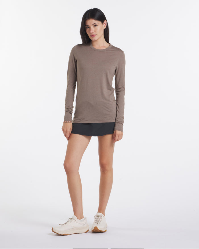 Full Height Shot of Model in Aire Walnut / Tan Women's Soft and Lightweight Long Sleeve Shirt – PAKA Apparel