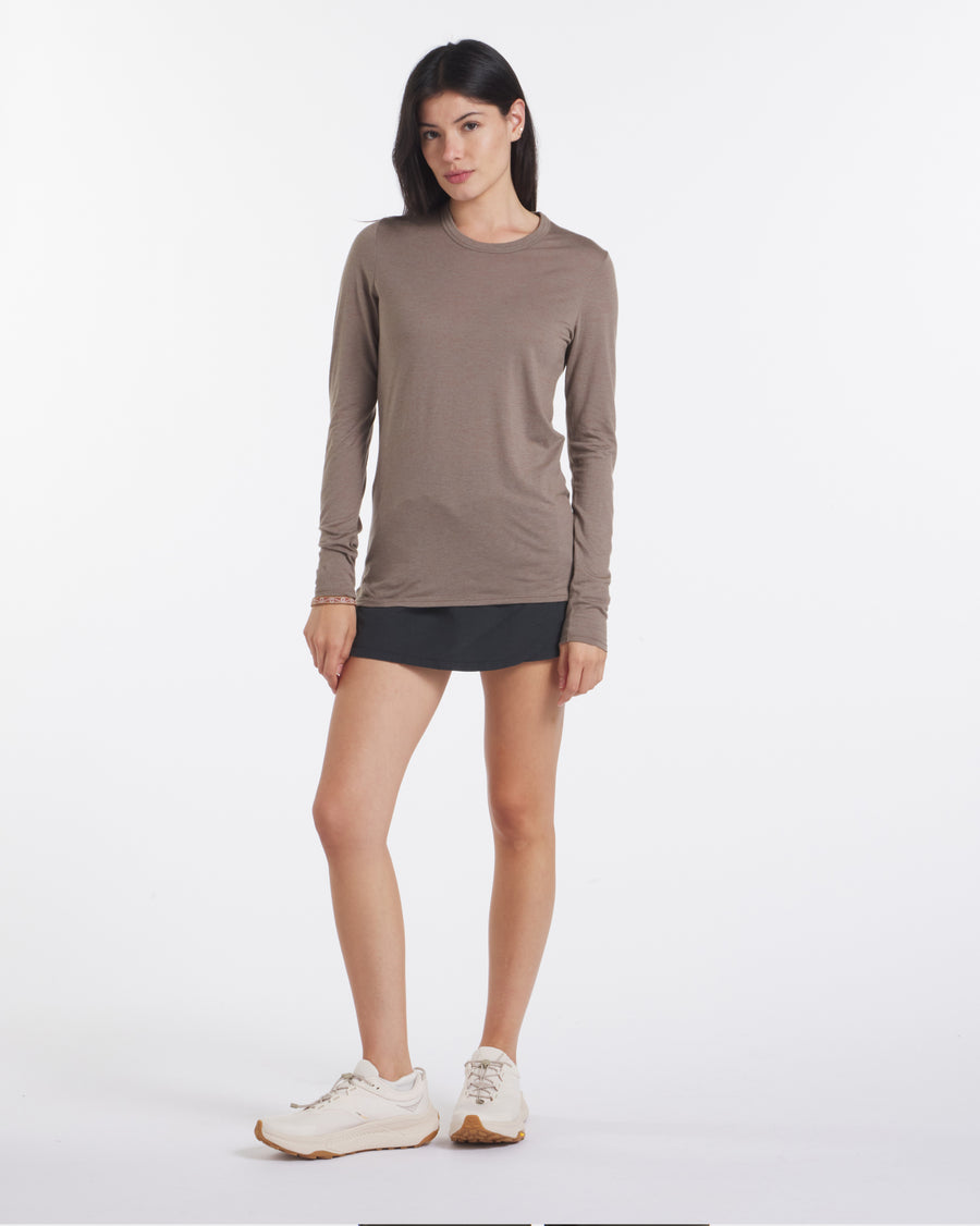Full Height Shot of Model in Aire Walnut / Tan Women's Soft and Lightweight Long Sleeve Shirt – PAKA Apparel