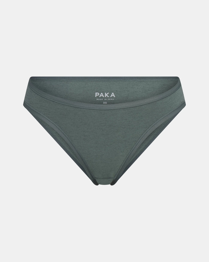 Front view of Women’s Essential Bikini Brief in balsam green showing low-rise bikini cut and visible PAKA label on light gray background