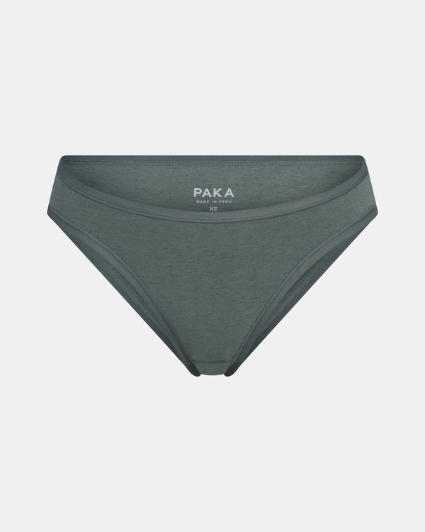 Front view of Women’s Essential Bikini Brief in balsam green showing low-rise bikini cut and visible PAKA label on light gray background