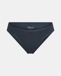 Front view of Women’s Essential Bikini Brief in navy, mid-rise cut with elastic waistband on light gray background