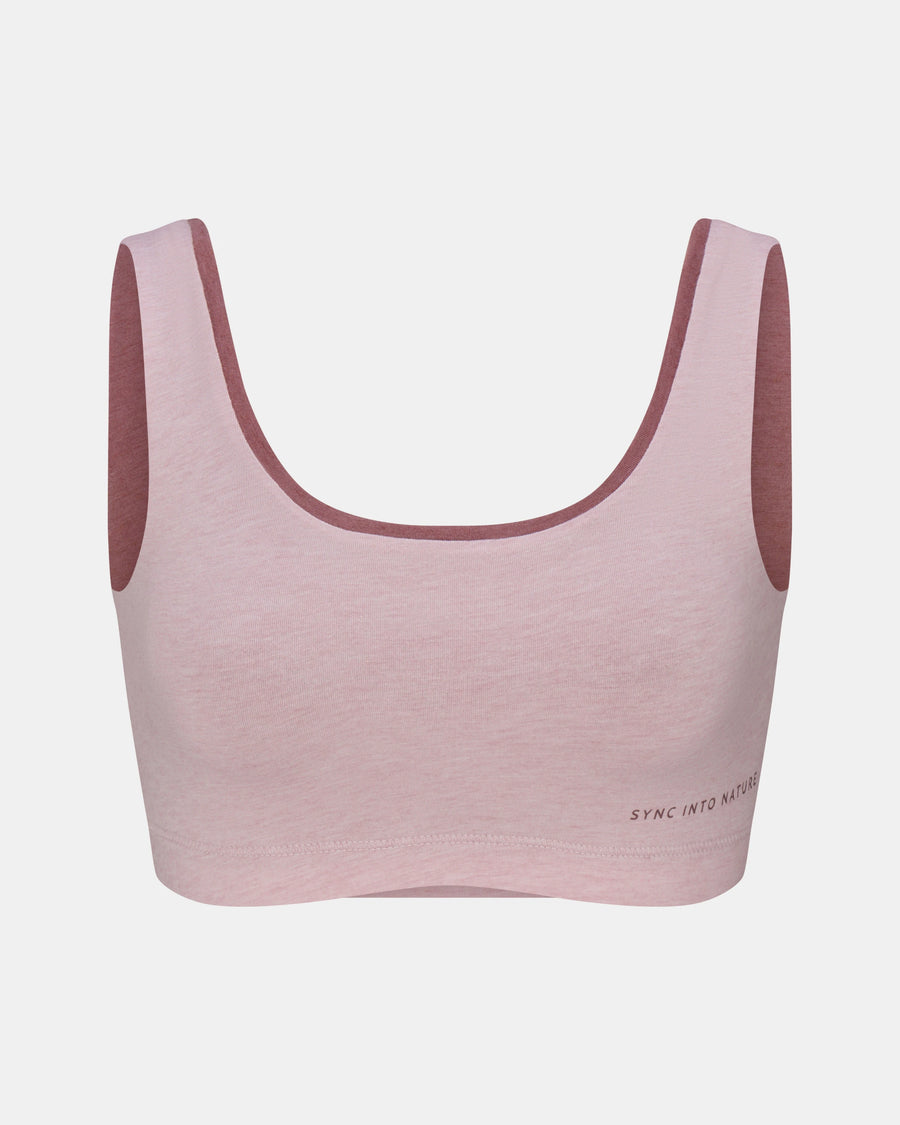 Front view of Women’s Essential Scoop Bralette in lilac with maroon inner lining and scoop neckline on light gray background