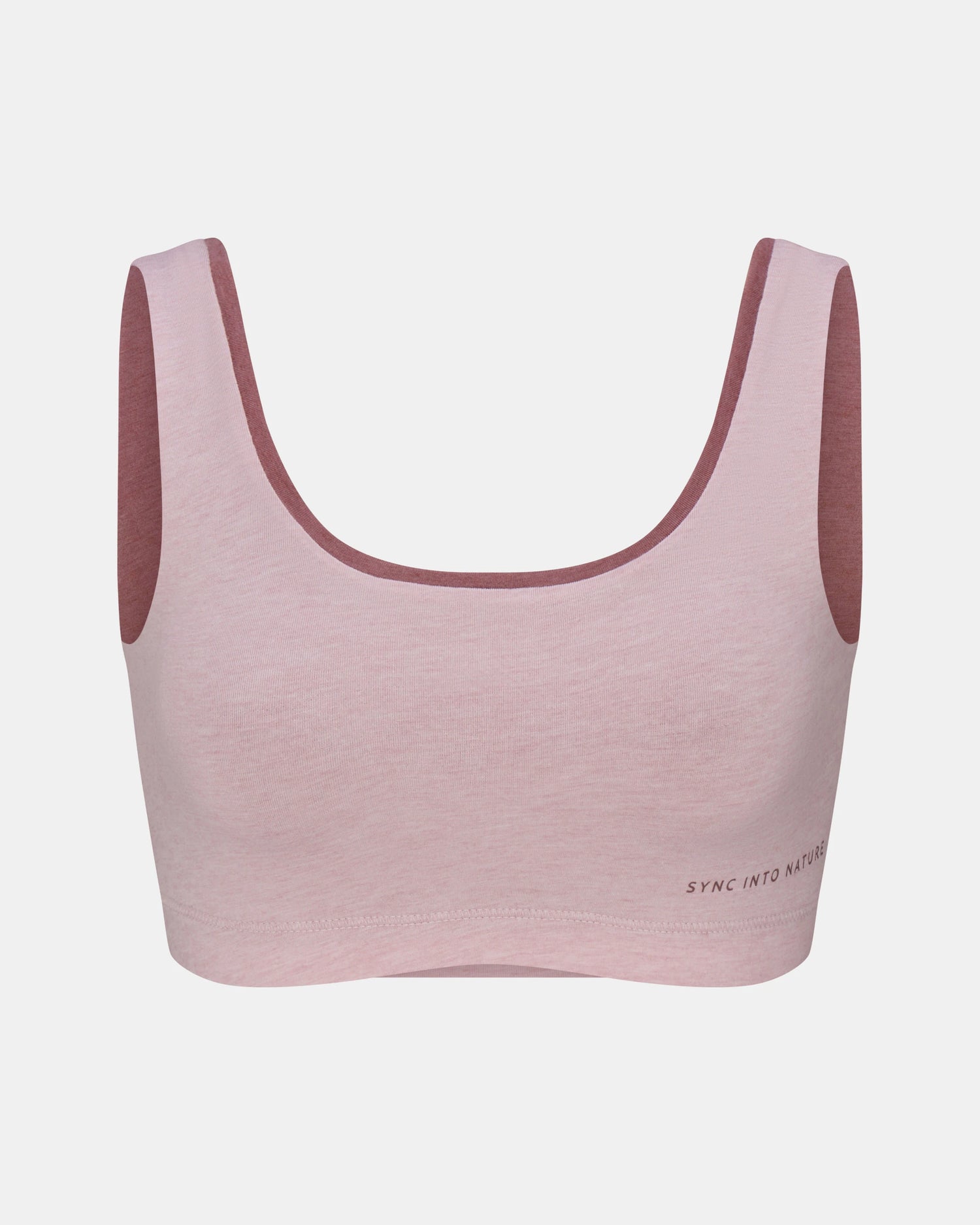 Front view of Women’s Essential Scoop Bralette in lilac with maroon inner lining and scoop neckline on light gray background