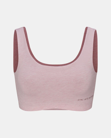 Front view of Women’s Essential Scoop Bralette in lilac with maroon inner lining and scoop neckline on light gray background