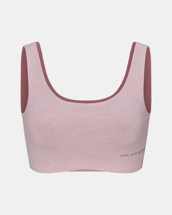 Front view of Women’s Essential Scoop Bralette in lilac with maroon inner lining and scoop neckline on light gray background