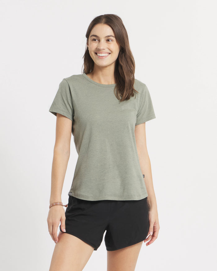 Front view of Women’s Essential Tee in willow on model, regular fit crewneck with short sleeves, white background